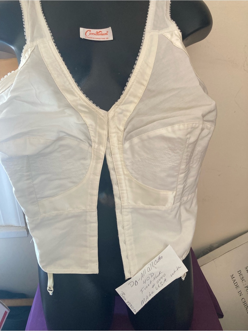 White Vintage Bustier Top. Do-All bullet 40D All cotton Front Hook new